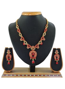 Lovely Stone Work Gold and Red Necklace Set for Festival