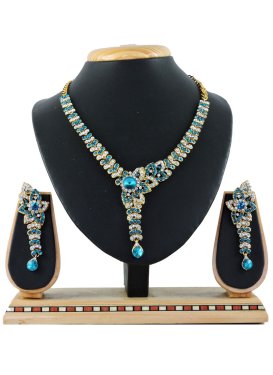 Lovely Stone Work Teal and White Necklace Set
