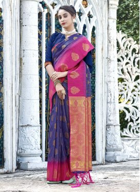 Magenta and Navy Blue Banarasi Silk Designer Contemporary Style Saree