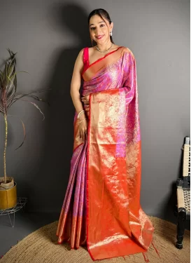 Magenta and Red Kanjivaram Silk Classic Saree with Woven Work for Ceremonial