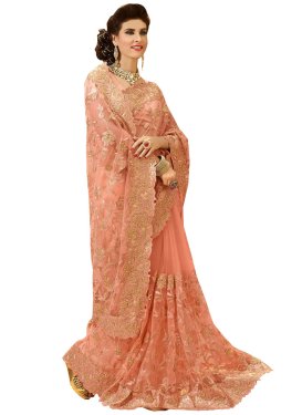 Magnificent Embroidery Work Peach Color Bridal Saree