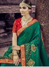 Satin Silk Green and Red Embroidered Work Designer Contemporary Style Saree - 2