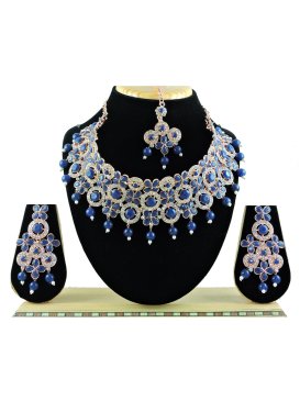 Majestic Alloy Beads Work Navy Blue and White Gold Rodium Polish Necklace Set