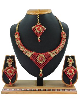 Majestic Alloy Gold Rodium Polish Gold and Red Stone Work Necklace Set