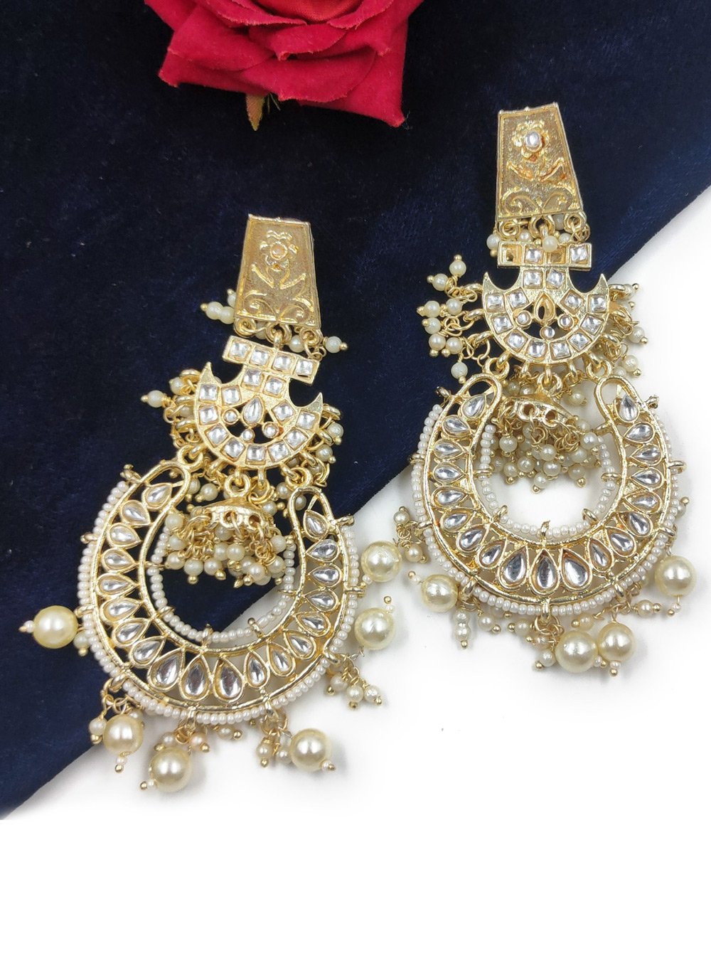 Majestic Beads Work Alloy Gold Rodium Polish Earrings For Ceremonial