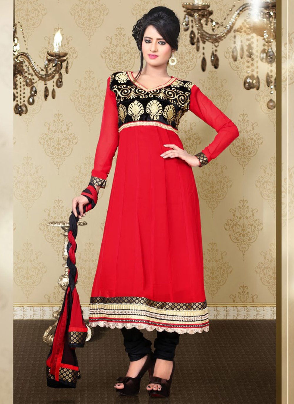 Majestic Black And Red Churidar Salwar Kameez