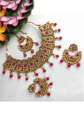Majestic Crimson and Gold Moti Work Necklace Set For Ceremonial