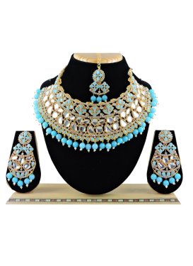 Majestic Firozi and White Gold Rodium Polish Beads Work Necklace Set