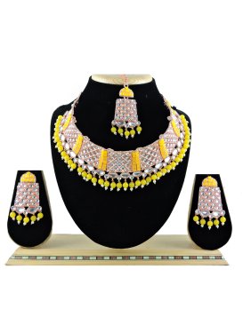 Majestic Gold Rodium Polish Beads Work Mustard and White Necklace Set for Party