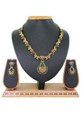 Majestic Gold Rodium Polish Bottle Green and Gold Beads Work Necklace Set