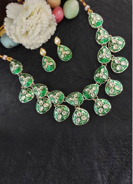 Majestic Gold Rodium Polish Stone Work Green and White Necklace Set for Ceremonial