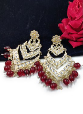 Majestic Maroon and White Beads Work Earrings