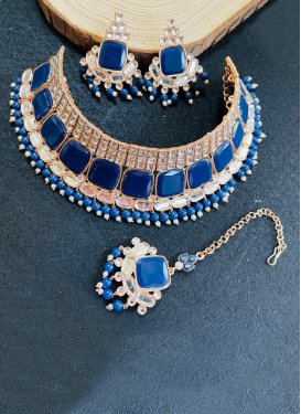 Majestic Navy Blue and White Stone Work Alloy Gold Rodium Polish Necklace Set