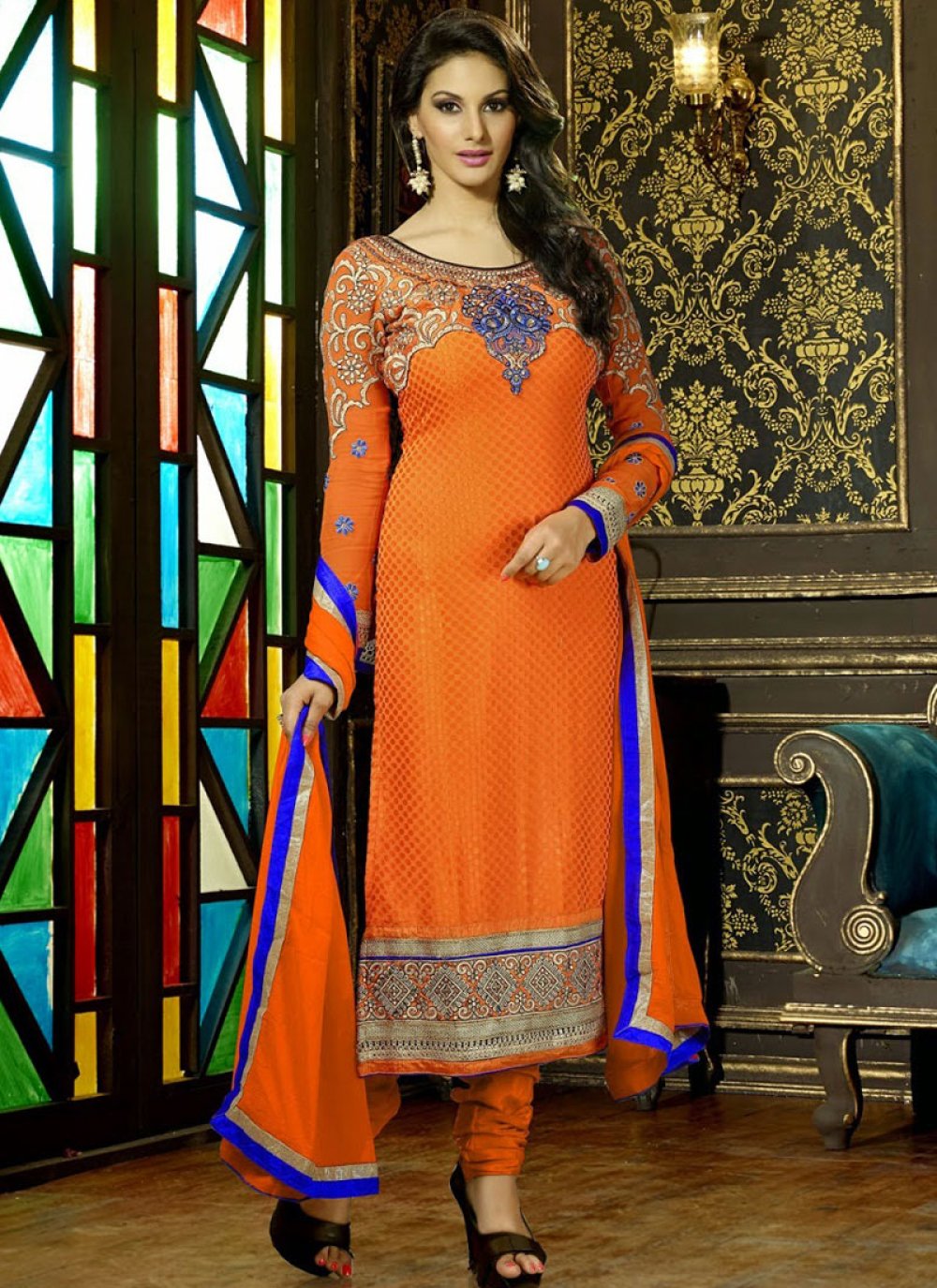 Majestic Orange Color Resham Work Punjabi Salwar Kameez