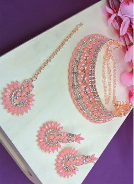 Majestic Pink and White Stone Work Necklace Set For Ceremonial