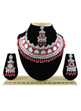 Majestic Red and White Beads Work Gold Rodium Polish Necklace Set