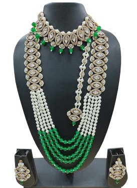 Majesty Alloy Moti Work Green and White Gold Rodium Polish Necklace Set