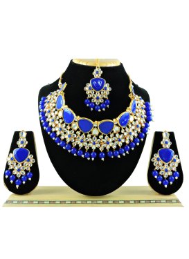 Majesty Blue and White Beads Work Alloy Gold Rodium Polish Necklace Set