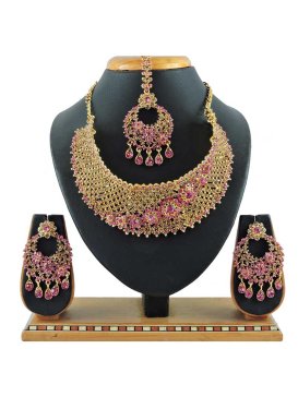Majesty Gold and Pink Stone Work Alloy Gold Rodium Polish Necklace Set