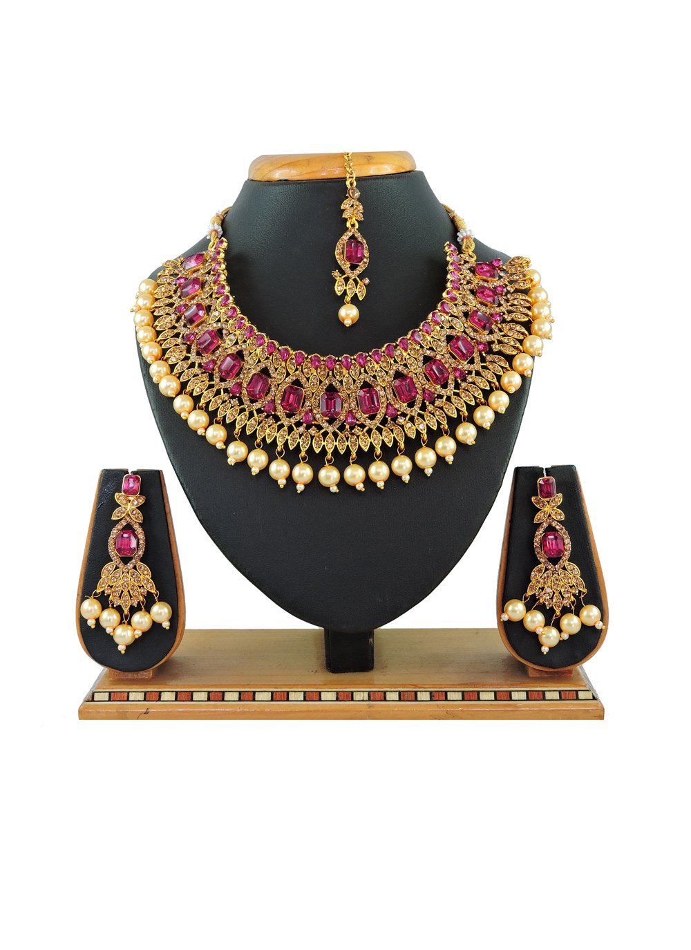 Majesty Gold and Rose Pink Beads Work Necklace Set For Festival