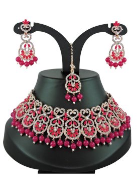 Majesty Gold Rodium Polish Beads Work Alloy Rose Pink and White Necklace Set