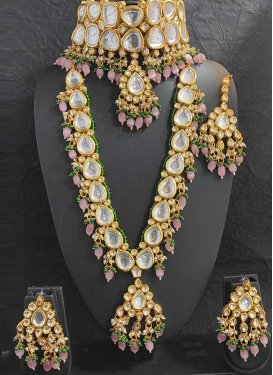 Majesty Gold Rodium Polish Kundan Work Alloy Green and Pink Bridal Jewelry