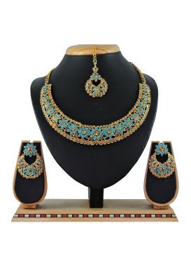 Majesty Stone Work Firozi and Gold Gold Rodium Polish Necklace Set