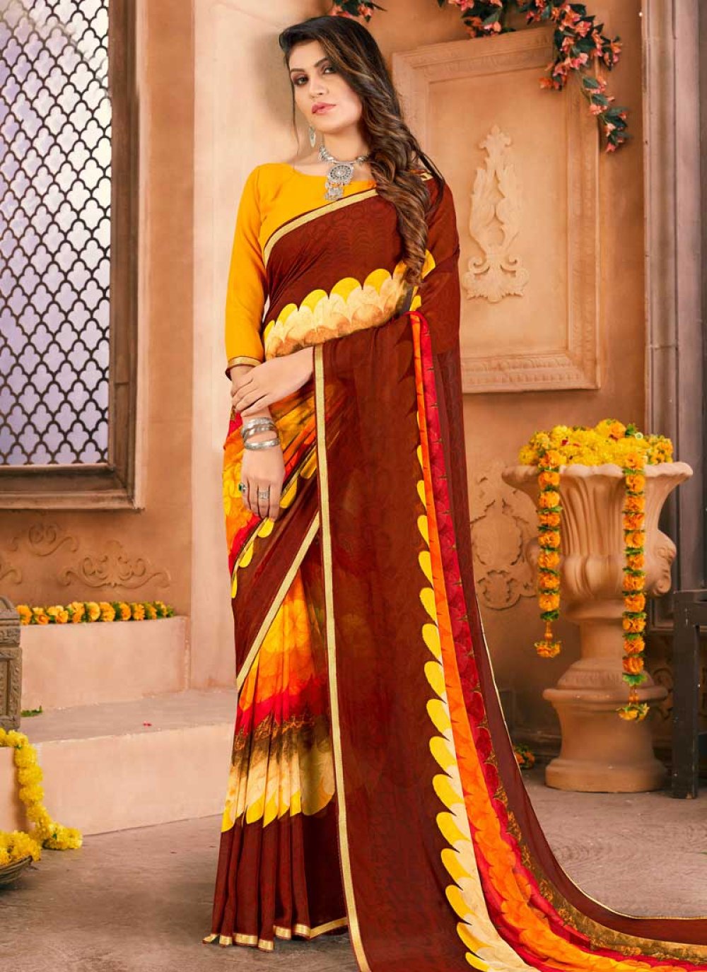 Maroon and Mustard Faux Georgette Contemporary Style Saree