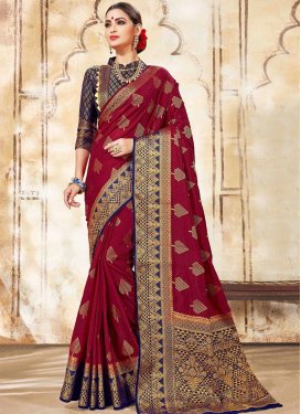 Maroon and Navy Blue Designer Contemporary Style Saree For Ceremonial