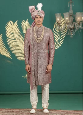 Maroon and Off White Banarasi Silk Wedding Sherwani with Resham Work for Ceremonial
