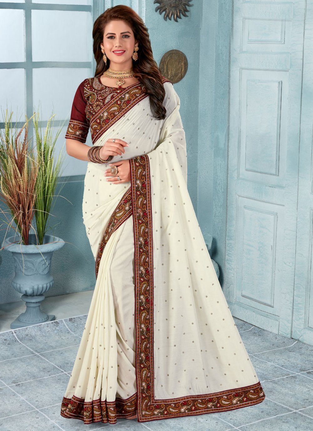 Maroon Colour Saree Contrast Blouse | designer sarees for wedding