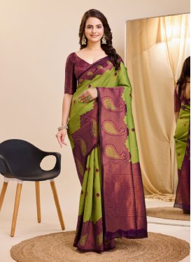 Maroon and Olive Designer Contemporary Style Saree For Festival