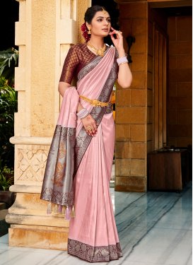 Maroon and Pink Silk Blend Designer Contemporary Style Saree For Festival