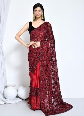 Maroon and Red Half N Half Trendy Saree For Festival