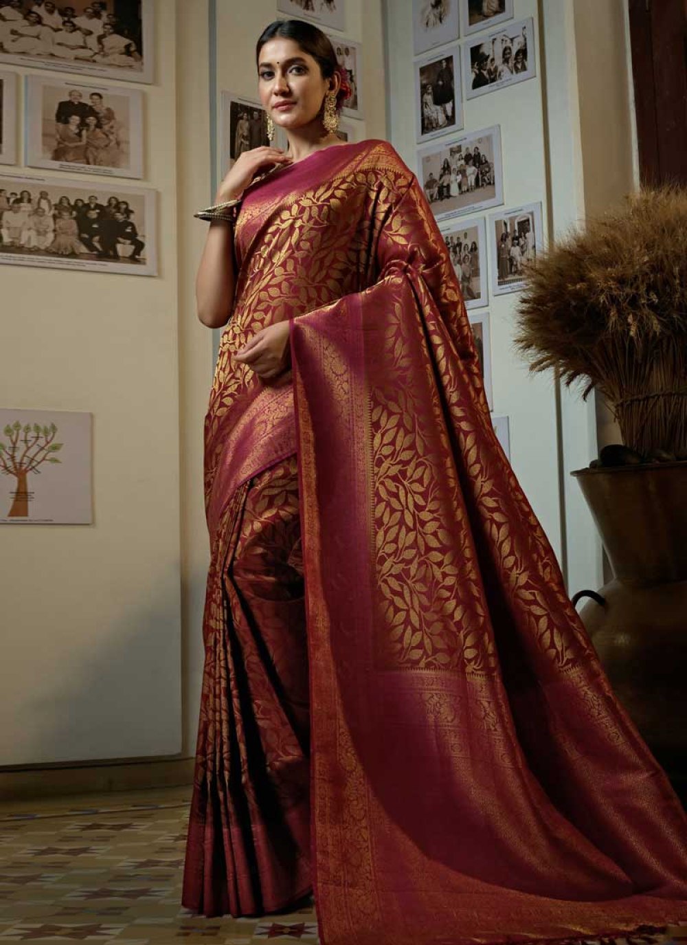 Maroon and Rose Pink Traditional Designer Saree For Festival