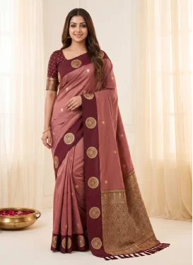 Maroon and Salmon Silk Blend Traditional Saree with Woven Work for Festival