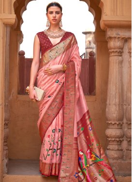 Maroon and Salmon Woven Work Designer Contemporary Style Saree