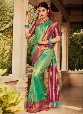 Maroon and Sea Green Kanjivaram Silk Designer Contemporary Style Saree