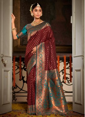 Maroon and Teal Traditional Designer Saree For Ceremonial