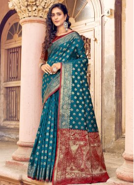 Maroon and Teal Woven Work Designer Contemporary Style Saree