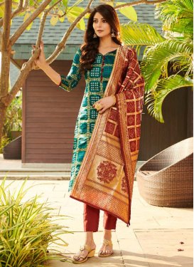 Maroon and Teal Woven Work Pant Style Classic Salwar Suit