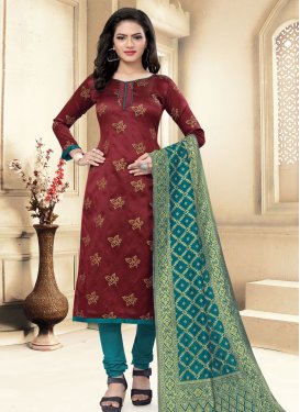 Maroon and Teal Woven Work Trendy Churidar Suit