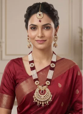 Maroon and White Beads Work Necklace Set For Bridal