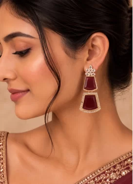 Maroon and White Stone Work Gold Rodium Polish Earrings