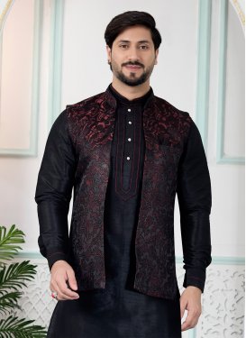 Maroon Jacquard Silk Woven Work Nehru Jacket for Men