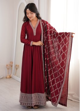 Maroon Vichitra Silk Trendy Gown with Embroidered Work for Festival