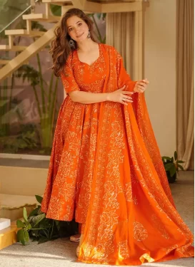 Maslin Anarkali Suit with Digital Print Work for Women in Orange