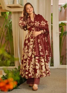 Maslin Readymade Salwar Suit with Digital Print Work for Women in Cream and Maroon