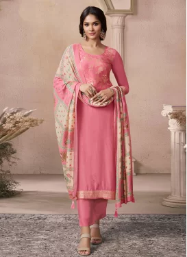 Maslin Straight Suit in Hot Pink with Woven Work for Ceremonial