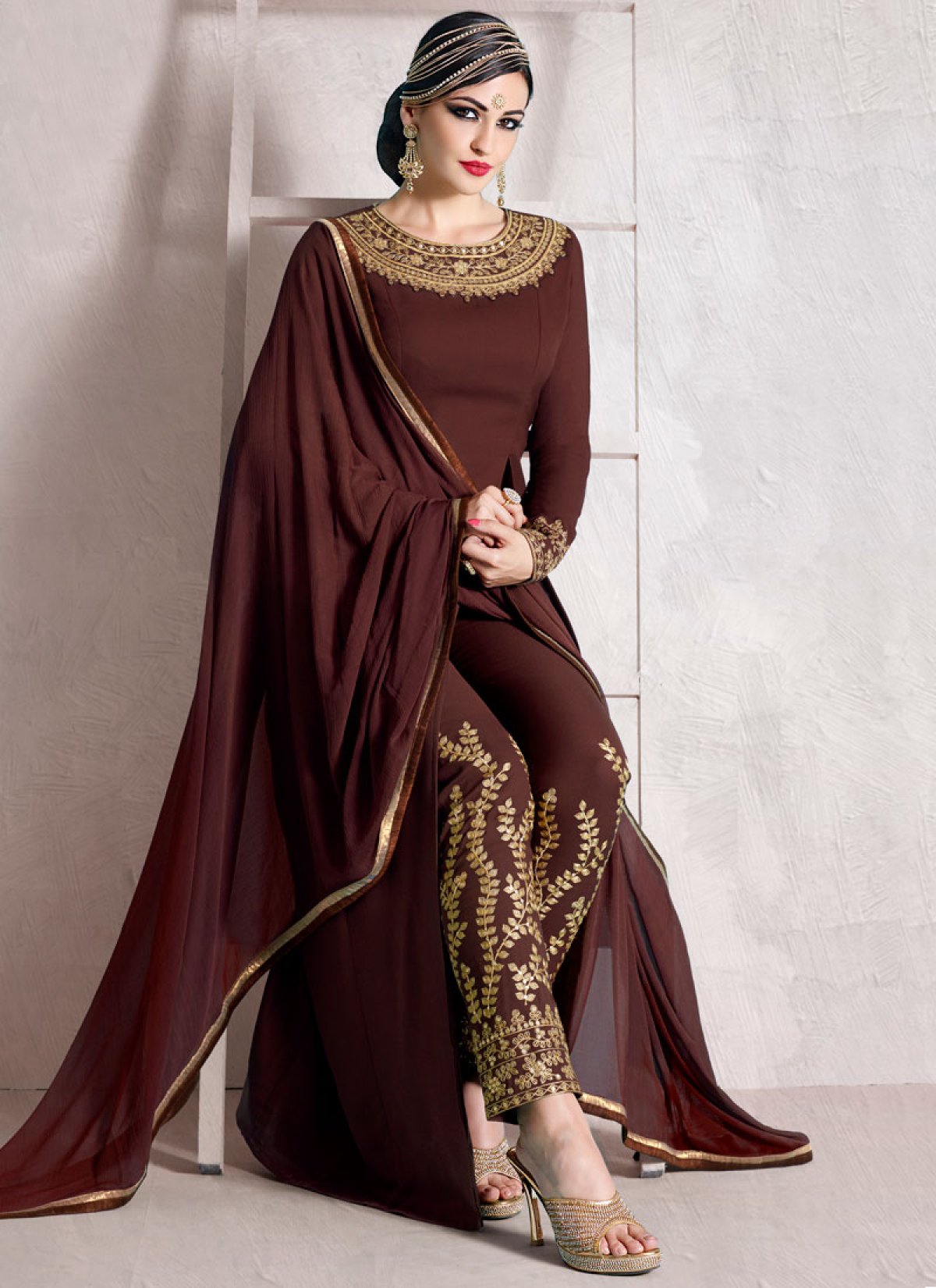 Masterly Coffee Brown Color Pant Style Designer Salwar Suit